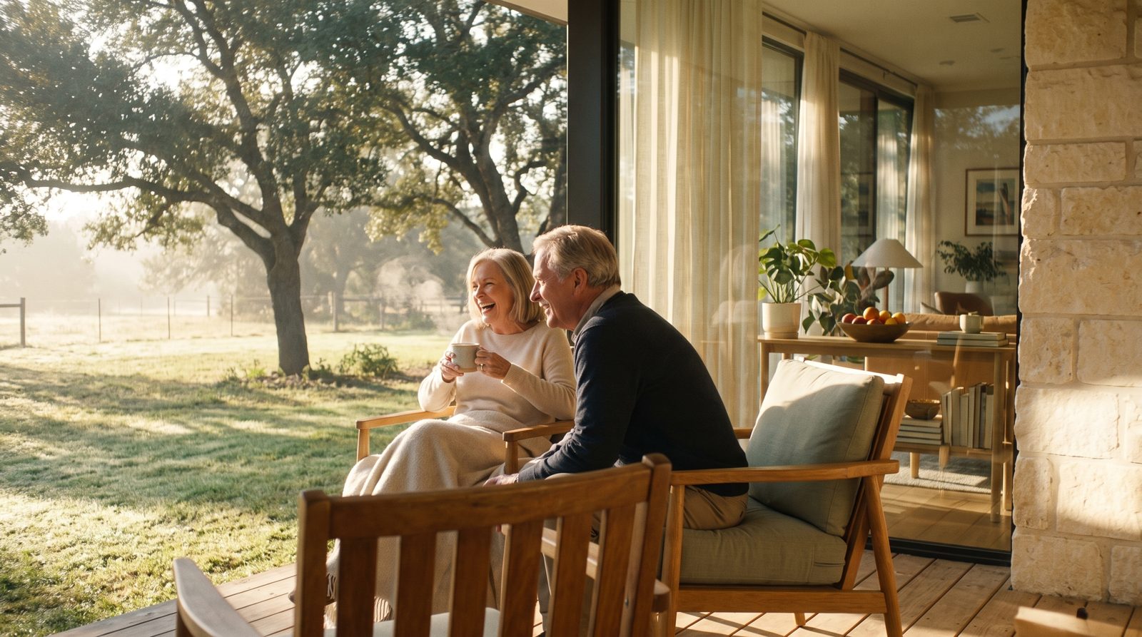 An older couple laughing over coffee on a sunlit porch, live oaks and pasture beyond