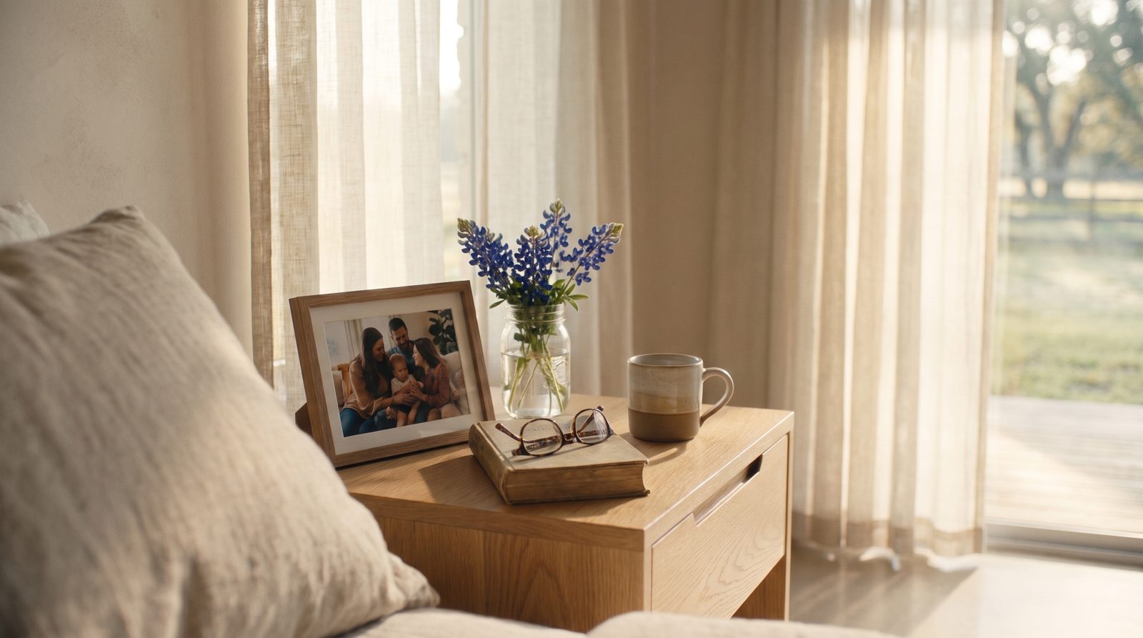 A bedside table with a family photograph, bluebonnets, reading glasses and a cup of coffee