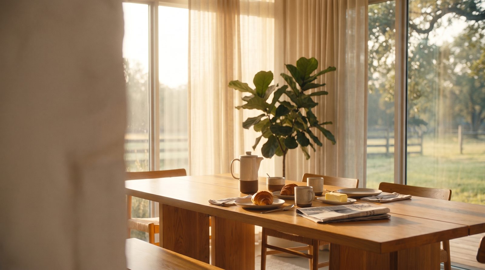 An oak table set for breakfast in morning light, nobody seated yet