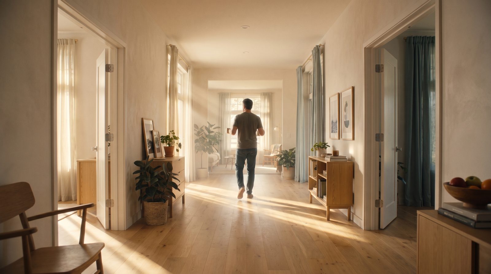 A man walking down a sunlit hallway with open doors