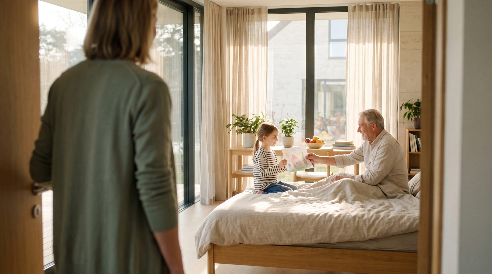 A girl showing her grandfather a drawing as he sits up in bed