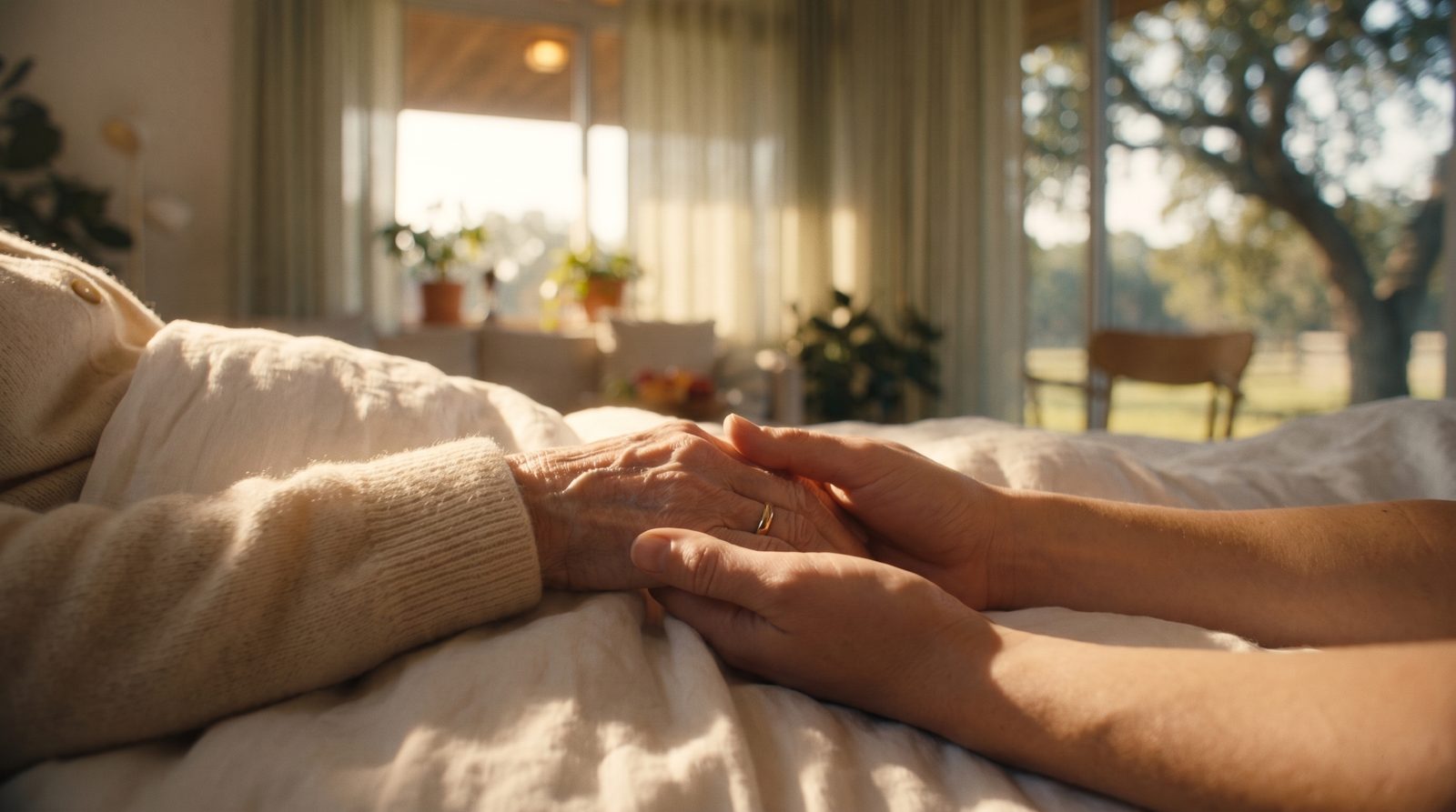 An older hand held between two younger hands on white linen, a sunlit room behind