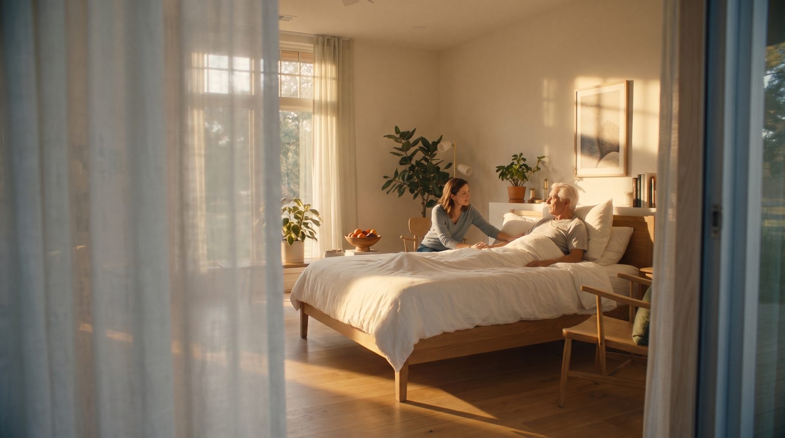 A daughter leaning in beside her father's bed in a sunlit room